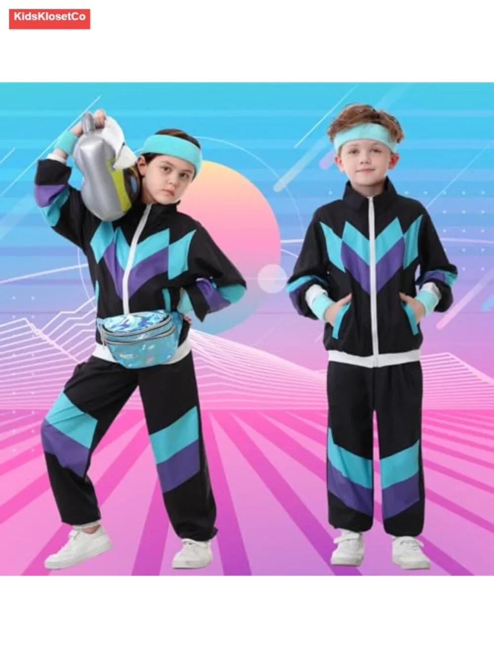 Kids 80s 90s Costume Set Unisex Tracksuit 6Pcs Retro Dance Outfit